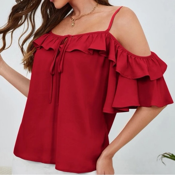 Boho cold shoulder knot front ruffle hem blouse - Picture 2 of 16